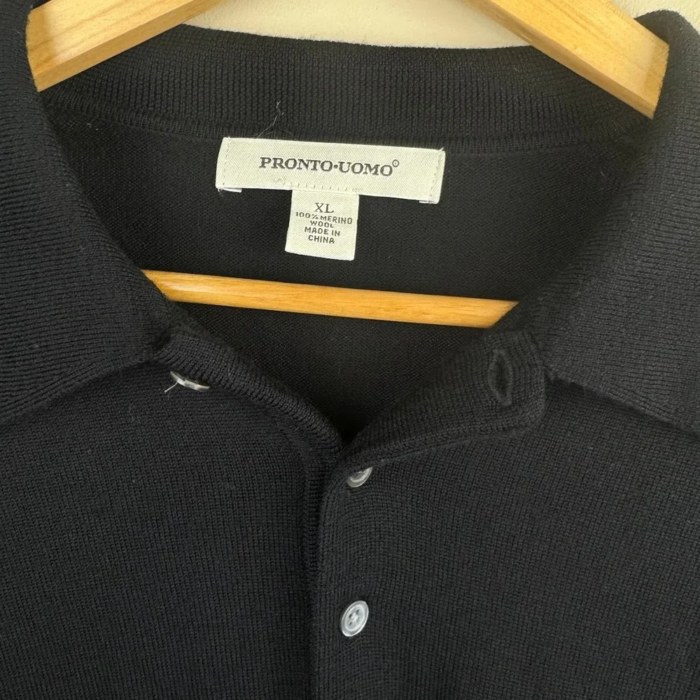 Pronto‎ Uomo Mens Black 100% Merino Wool Long Sleeve Polo Sweater XL